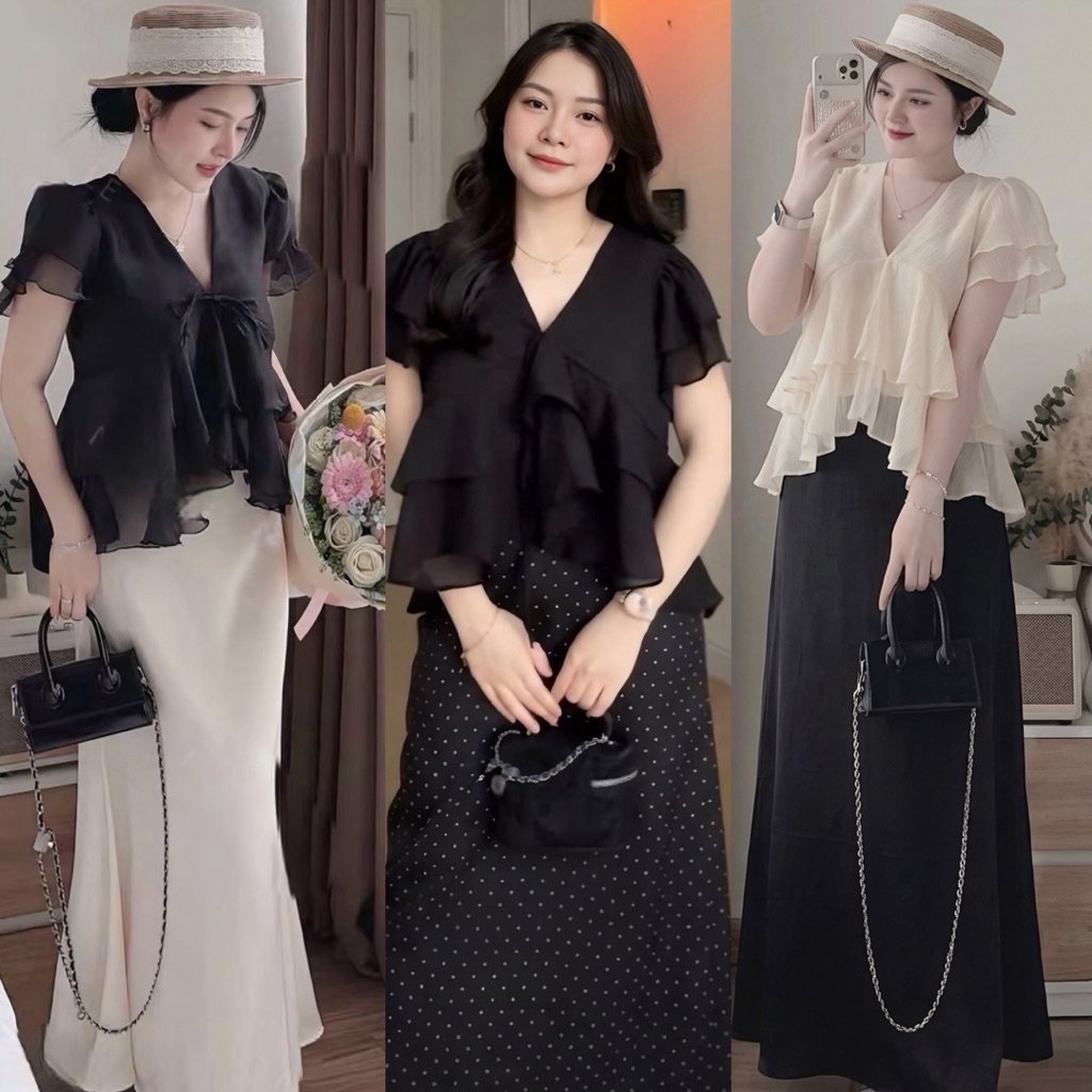 [ BÈO BÉO BIGSIZE] SET ÁO VOAN CỔ V BÈO TẦNG KÈM CHÂN VÁY ĐUÔI CÁ XOÈ BIGSIZE 60-95KG