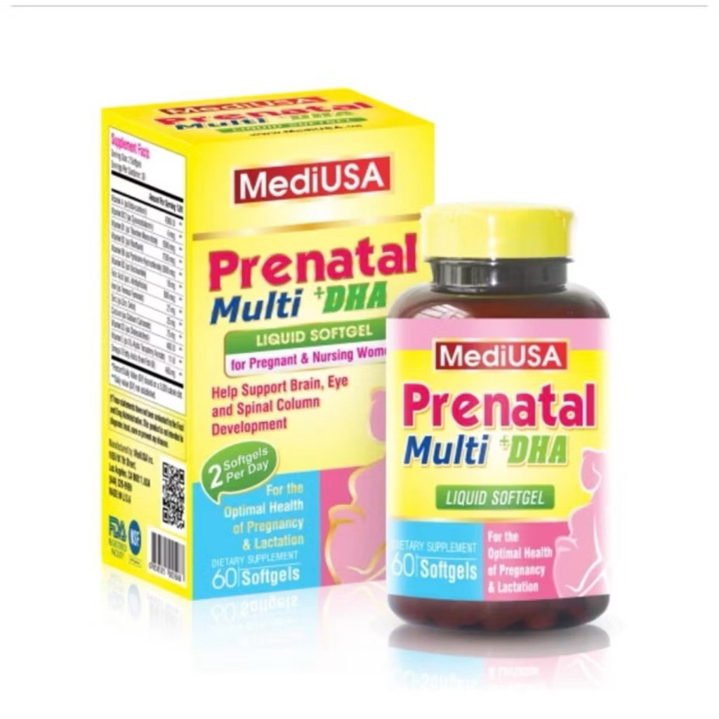 Viên uống bổ sung Vitamin cho bà bầu và bé MediUSA Prenatal Multi DHA hộp 60 viên