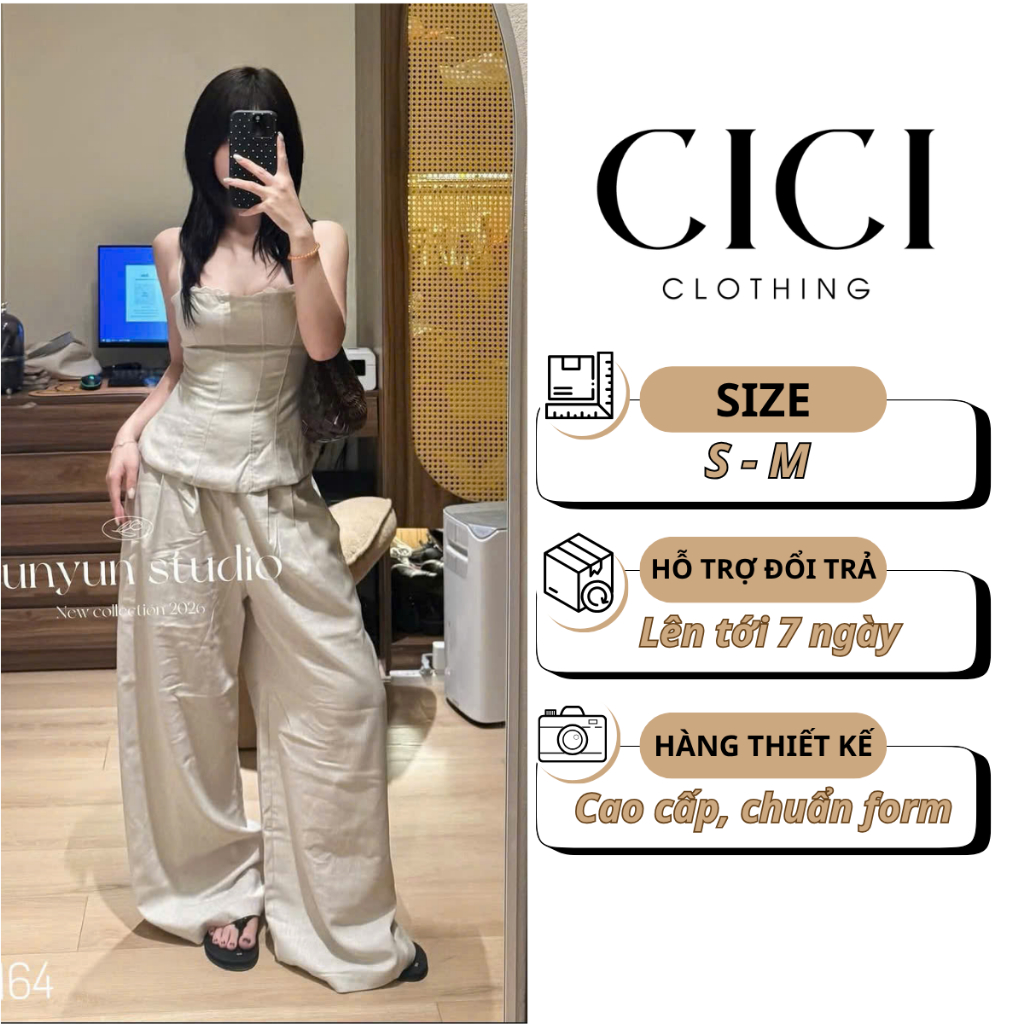 Set Linen Áo 2 Dây + Quần Suông -  Cici Clothing