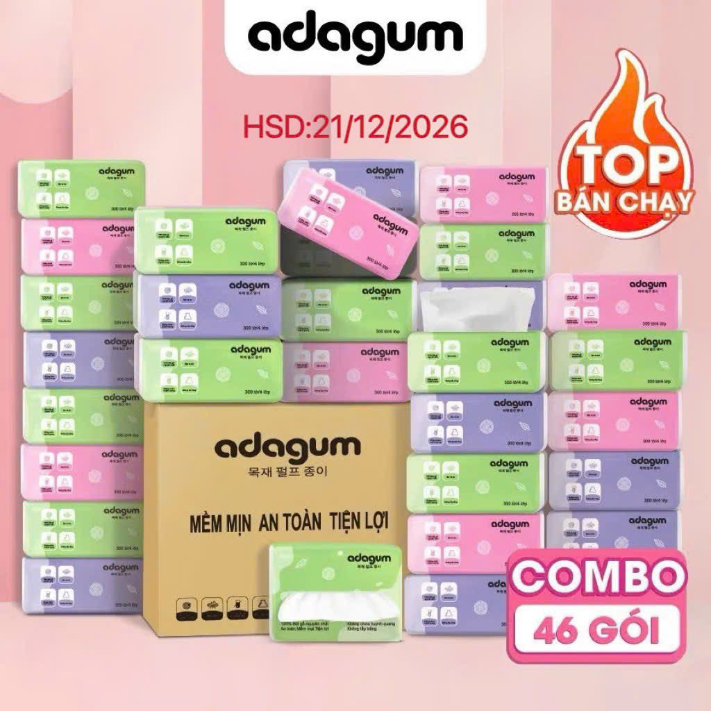 Thùng 46 gói giấy ăn giấy rút 300 tờ 4 Lớp 3 Màu Dai Mịn Thấm Nước Tốt  An Toàn 4K Cho Sức Khỏe Adag