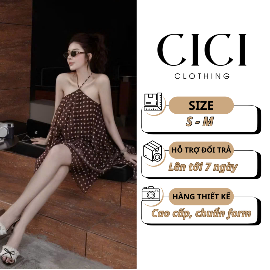 Đầm Yếm Chấm bi Tầng Form Babydoll Màu Nâu Chocolate - Cici Clothing