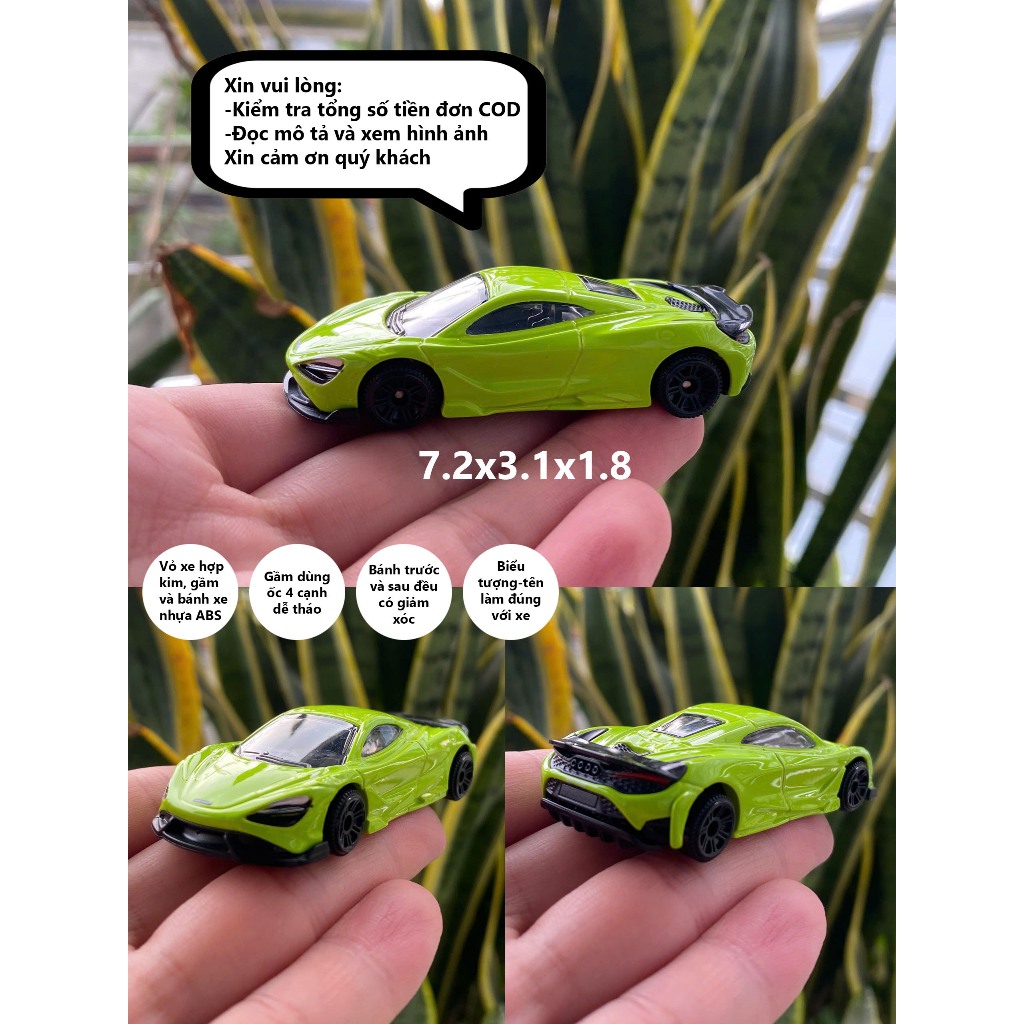 Mô hình xe 1:64 Mclaren 765LT vỏ hợp kim, gầm & bánh xe nhựa từ CCA chiều dài 7.2cm