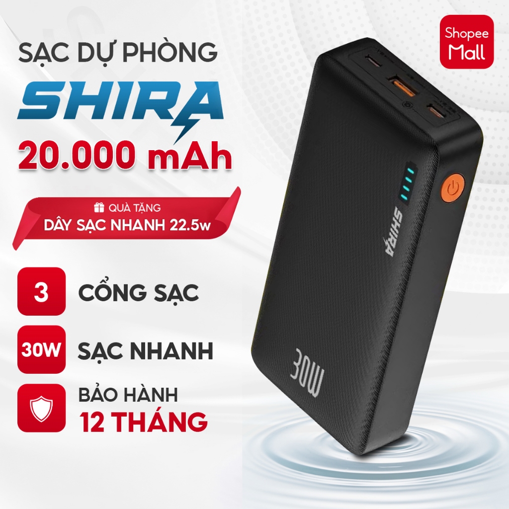 Sạc dự phòng SHIRA 20000 mAh, màn hình LED lớn, tích hợp 4 cổng sạc, phù hợp mọi loại máy, tiện lợi