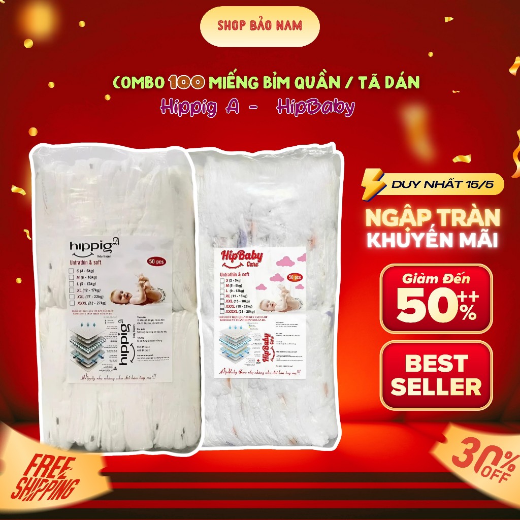 Combo 100 miếng  bỉm dán,bỉm quần Hipgig A -  HipBaBy Canre đủ size S/M/L/XL/2XL Thẩm hút cho bé luô