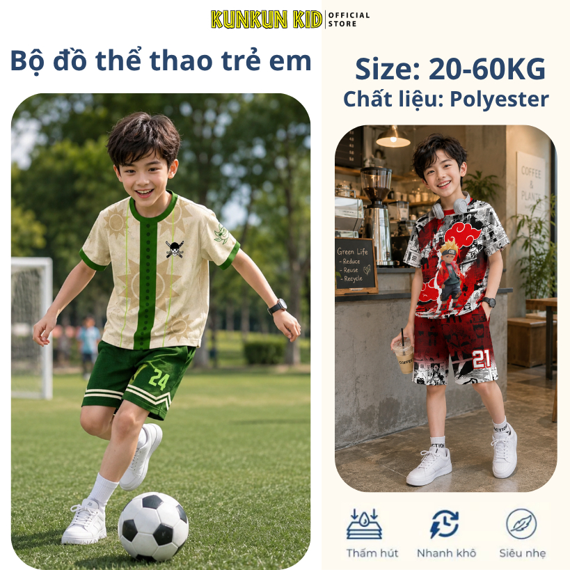 Đồ Bộ Thể Thao Bé Trai In 3D nhân vật hoạt hình cao cấp ,Đá Banh, Bóng Rổ TP1347-1351 | KunKun Kids
