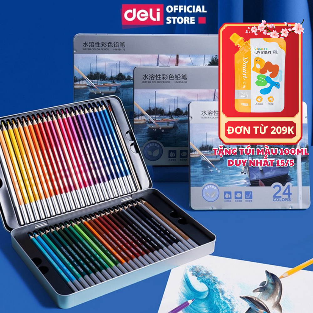 [TẶNG TÚI MÀU 100ML+CỌ] Bút Chì Màu Gốc Nước Cao Cấp Deli 24/36/48/72 Màu Hộp Thiếc - Tô Vẽ Tranh Ch