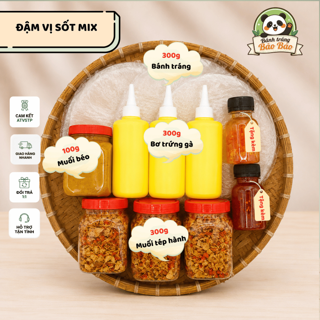 Bánh tráng phơi sương 300g, muối tép hành 300g, bơ hột gà 300g, muối béo 100g, TẶNG KÈM SỐT