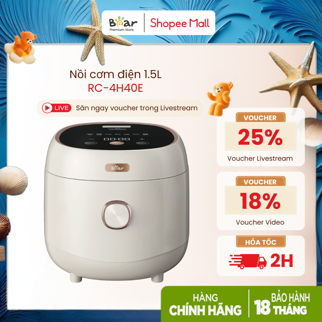 Nồi cơm điện 1.5L Bear DFB-C40K6 (RC-4H40E), 800W - Chống dính 5 lớp - 6 chế độ nấu, Bảo hành 18 thá