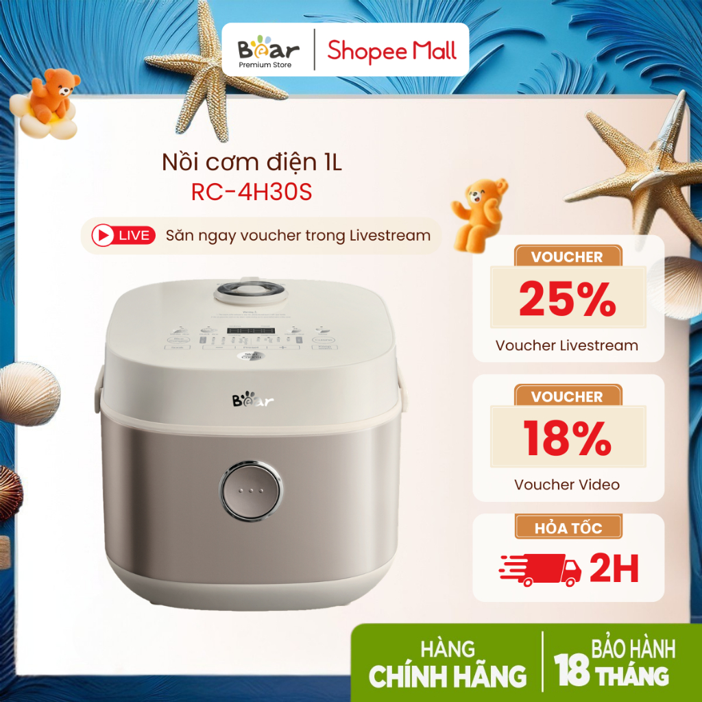 Nồi cơm điện 1L Bear DFB-H30A3 (RC-4H30S), 600W, Lòng Tráng Men, Thiết Kế Tay Cầm, Bảo Hành 18 tháng