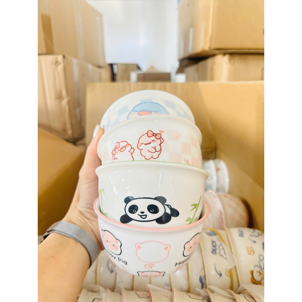 Set 1 Bát 1 Thìa/  2 Bát 2 Thìa Ăn Cơm – Bát Sứ Cao Cấp Hình Bò Sữa Heo Hồng Nơ Trắng