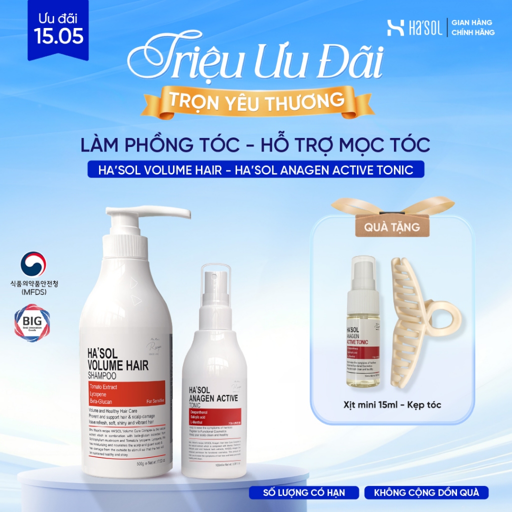 Combo Dầu Gội Phục Hồi Tóc Hư Tổn Ha'sol Volume Hair Shampoo 500g + Xịt Dưỡng Tóc Ha'sol Anagen Acti