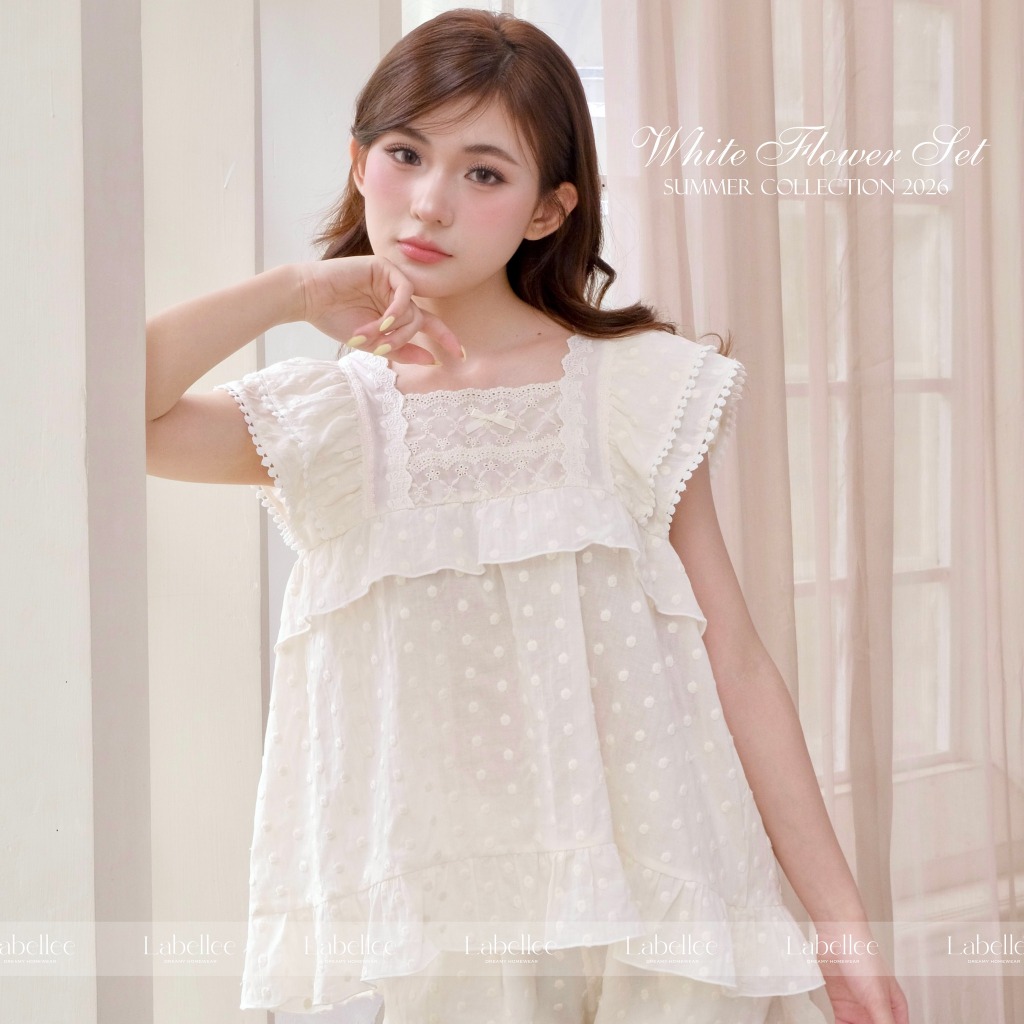 Bộ đồ ngủ tay ngắn vai bèo thêu hoa Labellee vải cotton mềm mại, thoáng mát, thoải mái