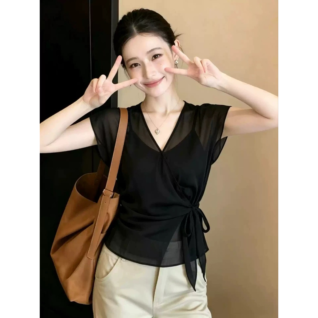 ( SẴN M L ) ÁO VOAN TƠ CỔ V CỘT EO HÔNG PHỐI CÙNG ÁO 2 DÂY | BigBuy360 - bigbuy360.vn