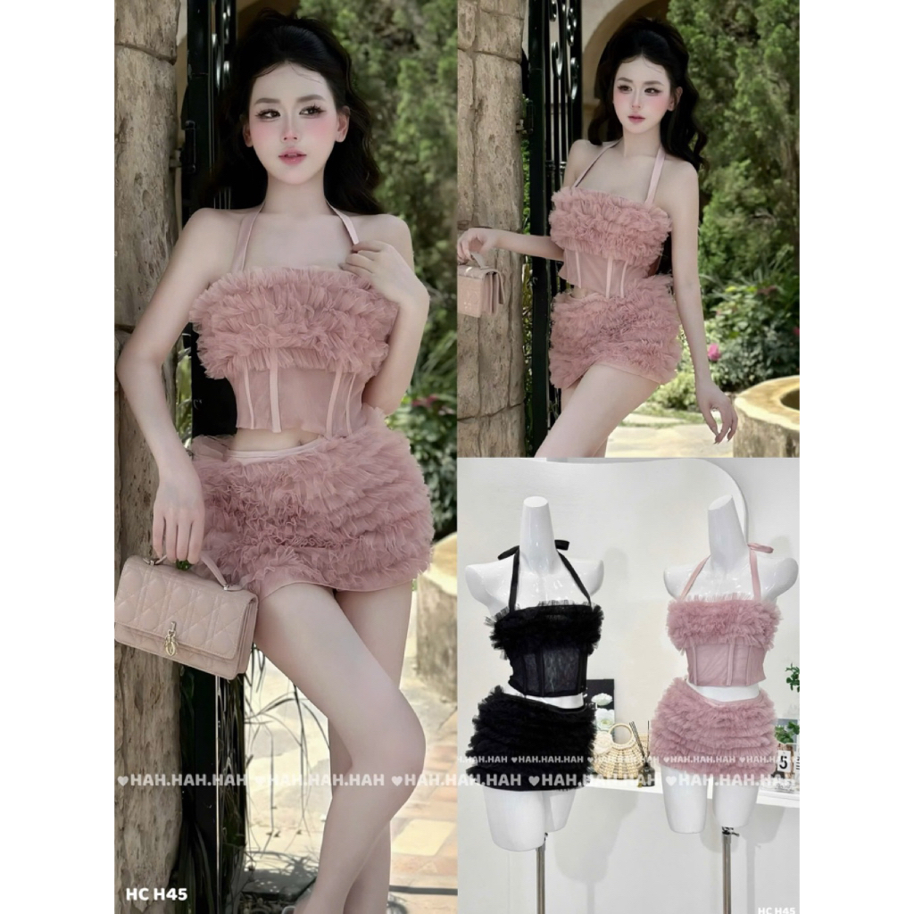 Set Áo Corset Cúp Ngực Và Chân Váy Lông Vũ Màu Đen/Hồng Sang Chảnh Party Girl Cá Tính Thu Hút Xu Hướ