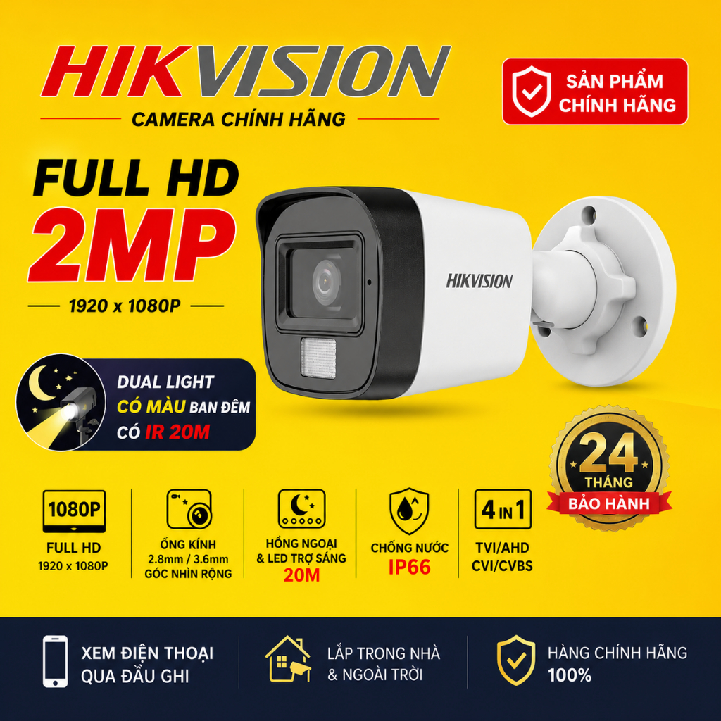 Camera Hikvision 2MP DS-2CE16D0T/76D0T-EXLPF Thân Trụ Hồng Ngoại, Chống Ngược Sáng, Hàng Chính Hãng