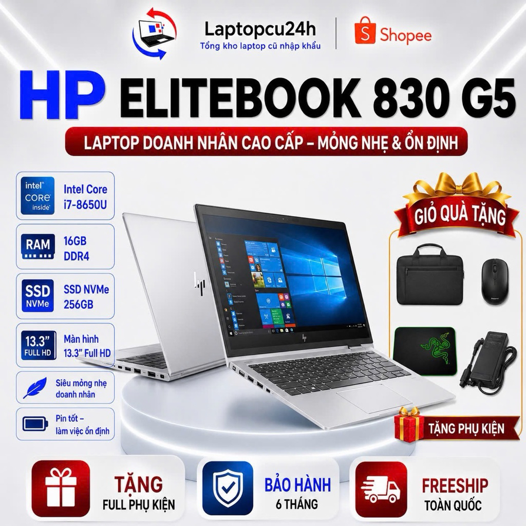 Laptop HP  830 G5 Core i7 8650U/ Ram 16Gb/ SSD 256Gb/ Màn 13,3 FHD Vỏ Nhôm Đẹp Keeng 99%
