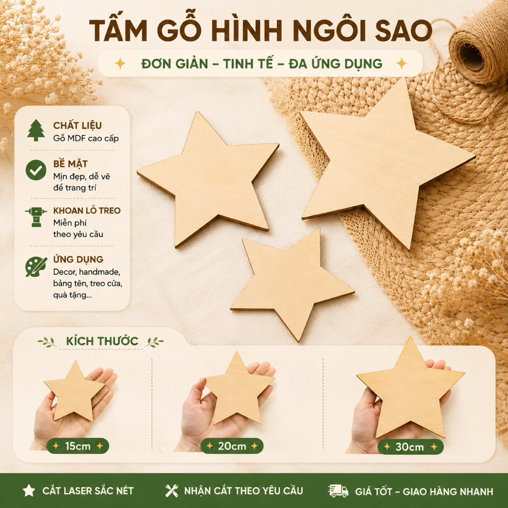 🌟 TẤM GỖ HÌNH NGÔI SAO – TRÁI TIM ❤️Decor Handmade Siêu Xinh | Gỗ Plywood Cao Cấp