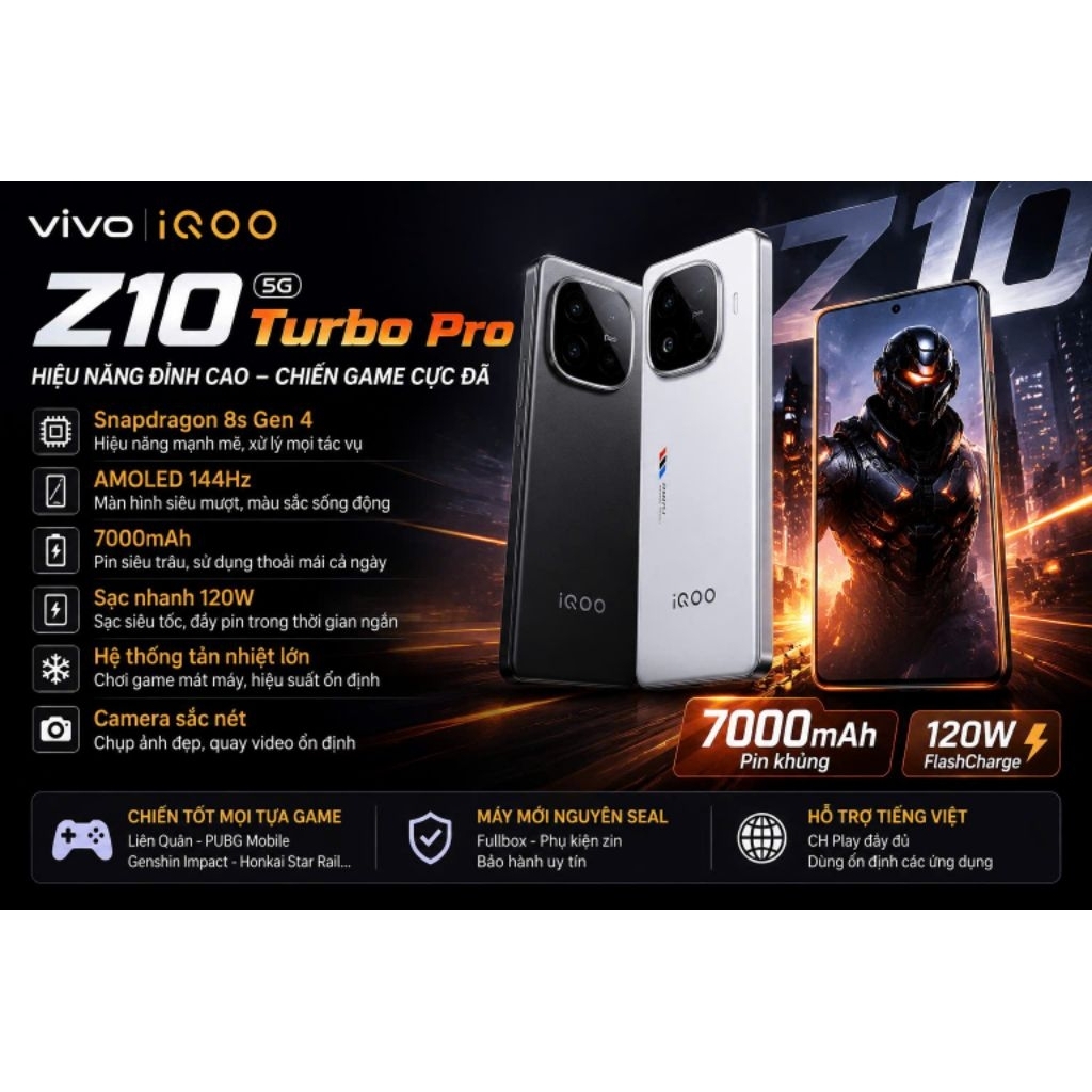 Điện thoại Vivo iQOO Z10 Turbo Pro 5G New Seal Snapdragon 8s Gen 4 Pin 7000mAh