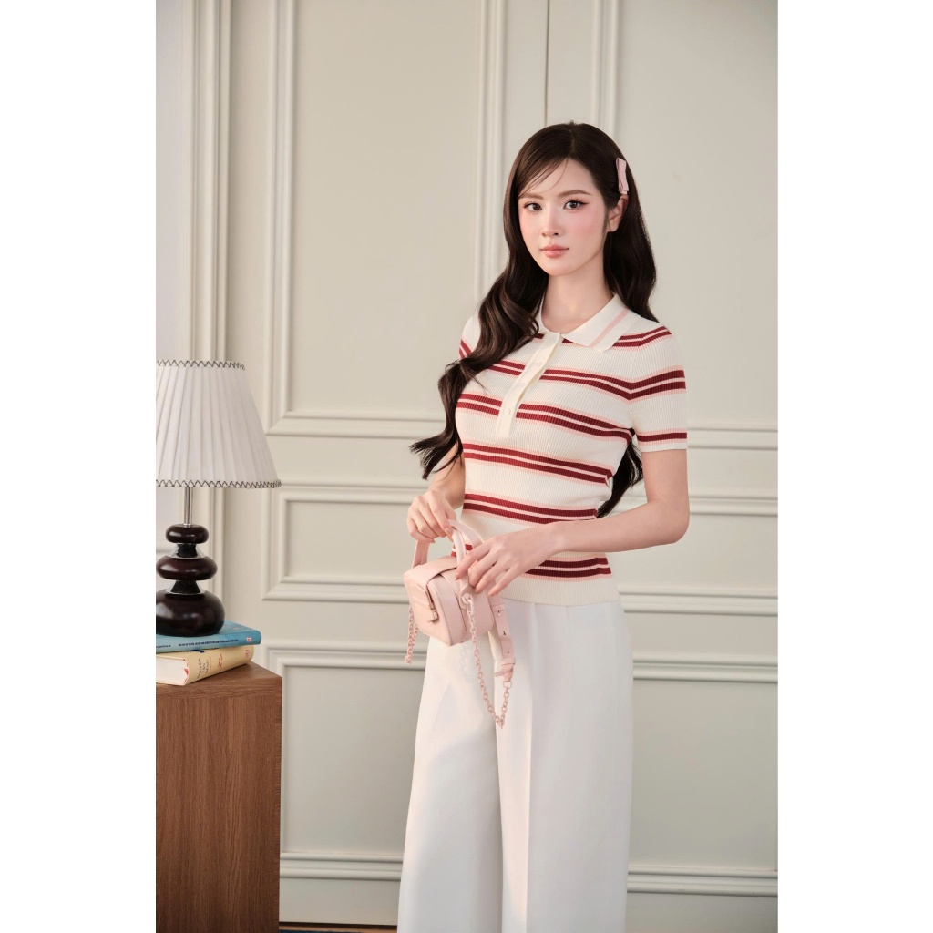 DELIZ - Áo len cổ polo phối họa tiết kẻ ngang thanh lịch cao cấp mỏng nhẹ phù hợp mặc mùa hè DELIZ PL310 | BigBuy360 - bigbuy360.vn