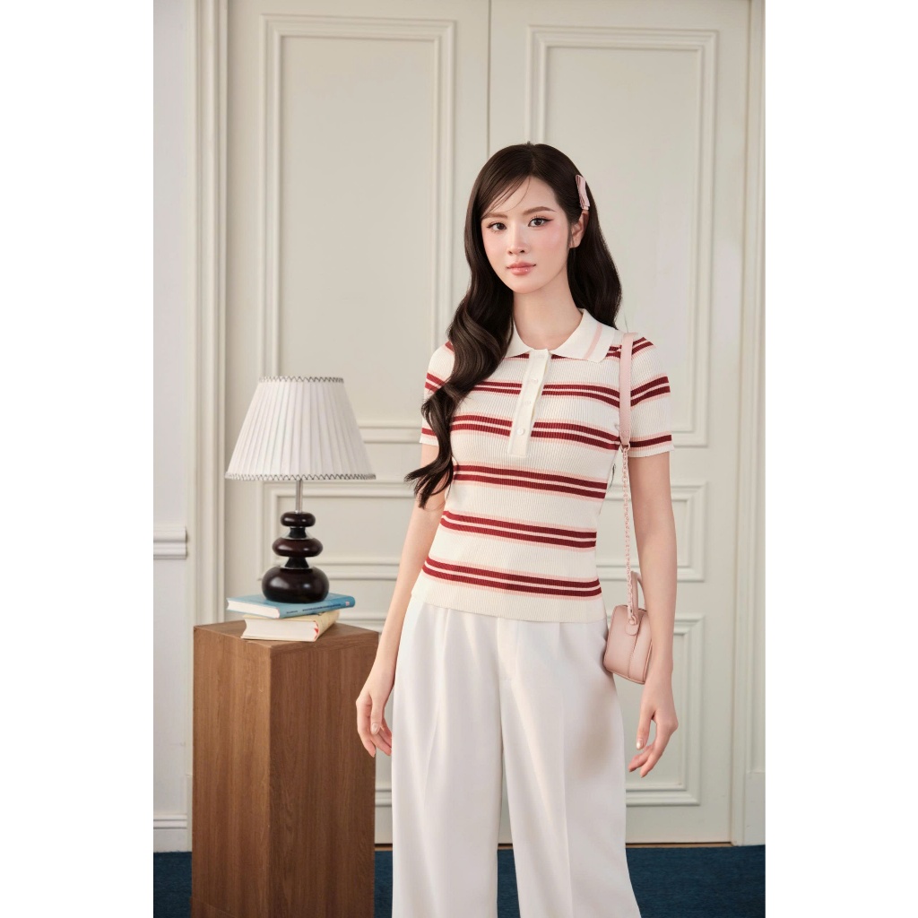 DELIZ - Áo len cổ polo phối họa tiết kẻ ngang thanh lịch cao cấp mỏng nhẹ phù hợp mặc mùa hè DELIZ PL310 | BigBuy360 - bigbuy360.vn