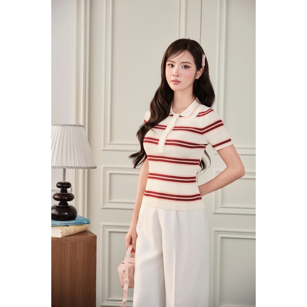 DELIZ - Áo len cổ polo phối họa tiết kẻ ngang thanh lịch cao cấp mỏng nhẹ phù hợp mặc mùa hè DELIZ PL310 | BigBuy360 - bigbuy360.vn