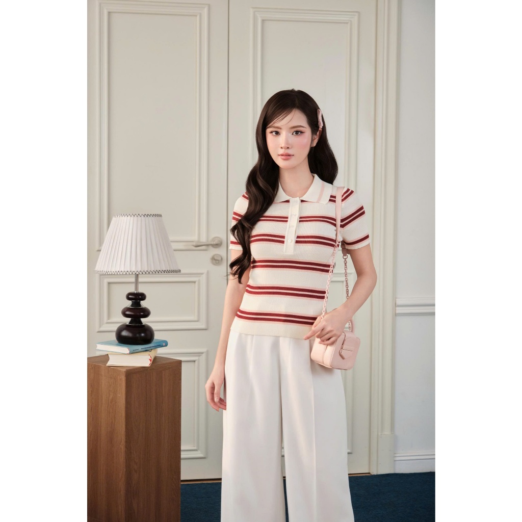 DELIZ - Áo len cổ polo phối họa tiết kẻ ngang thanh lịch cao cấp mỏng nhẹ phù hợp mặc mùa hè DELIZ PL310 | BigBuy360 - bigbuy360.vn