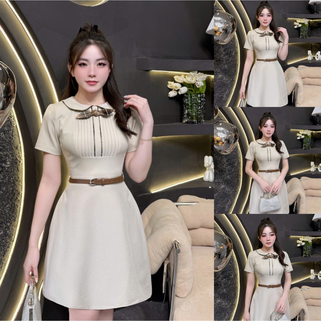 TY186 - Váy Thiết Kế Evii dành cho nữ, Đầm thiết kế cổ sen, nơ may liền (tặng kèm đai) dáng A ngắn