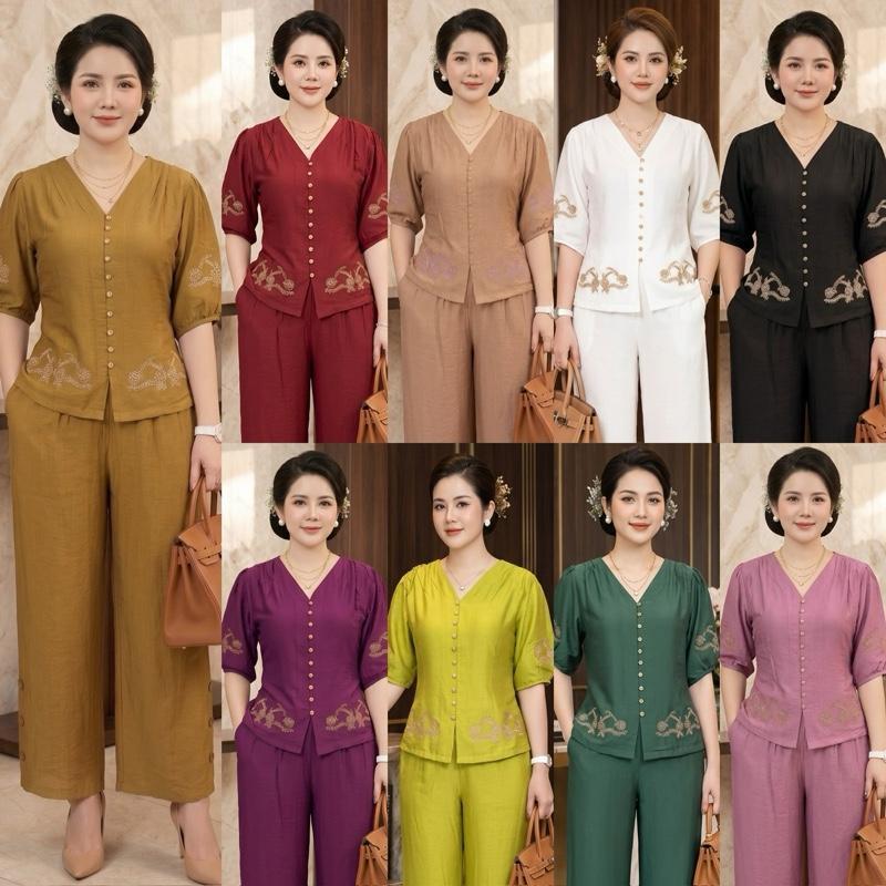 Đồ Bộ Trung Niên Nữ Lụa Xước Thêu  Quần Suông Cao Cấp - LX4