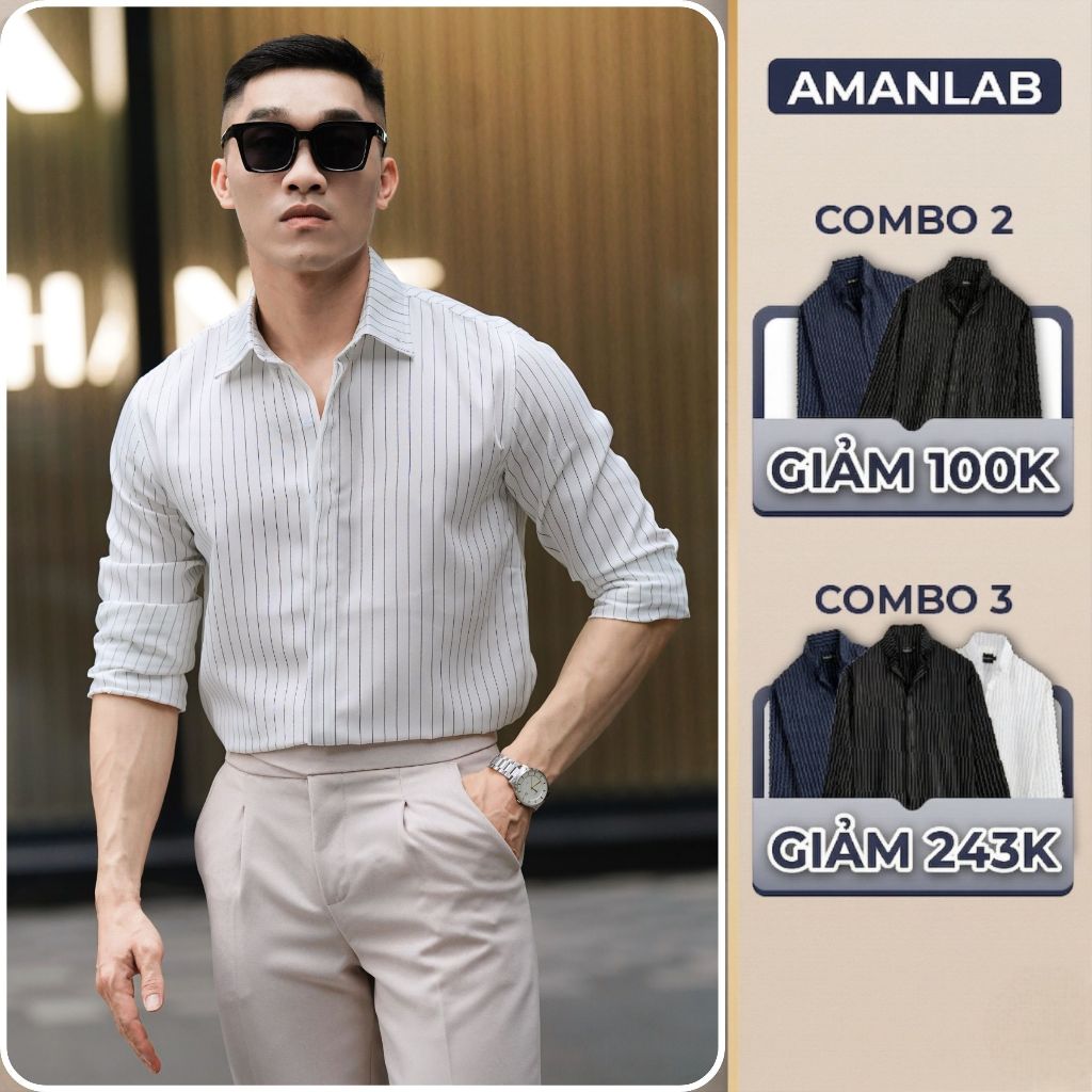[UPDATE MÀU MỚI] Áo sơ mi dài tay kiểu sọc, vải cotton spandex, form regular Pinstripe Noir  AMANLAB