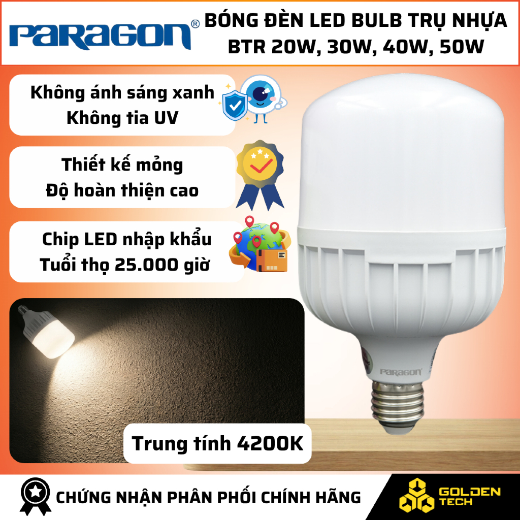 (Paragon) Bóng đèn LED Bulb trụ nhựa Ánh sáng Trung tính 4200K 20W-30W-40W-50W BTR