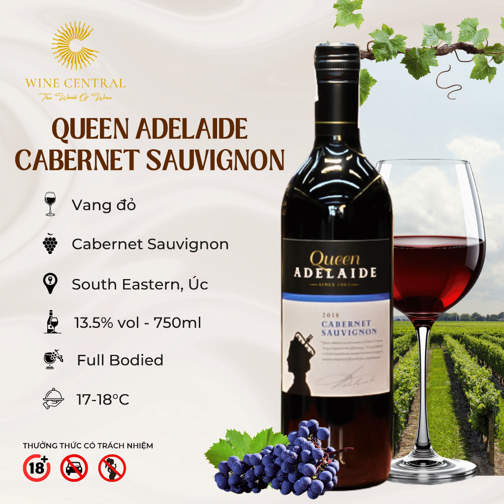 [Chính Hãng] - Rượu Vang Đỏ Úc Queen Adelaide Cabernet Sauvignon 750ml (13,5%) - WINE CENTRAL