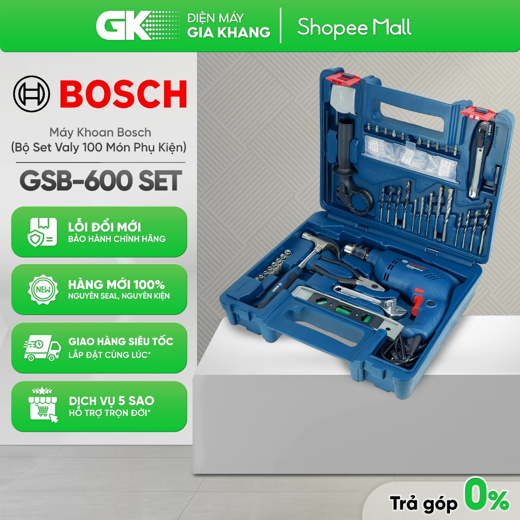 (06011A03K0) GSB 600 | (06011A03K1) GSB 600 SET (Bộ Set Valy 100 Món Phụ Kiện) Máy Khoan Bosch [Toàn