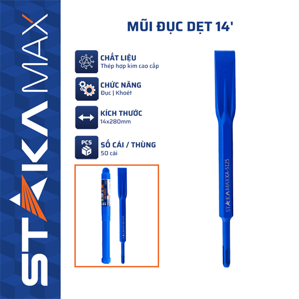 Mũi Đục Bê Tông Dẹt & Nhọn 14 Inch STAKA MAX | Đục Phá Mạnh, Thép Cứng, Bền Bỉ, Chuẩn Thợ