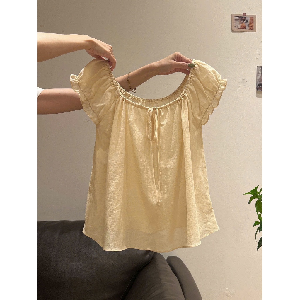 Áo kiểu nữ YUMMY dáng babydoll viền bèo thắt nơ ngực, Áo sơ mi dáng suông rộng tiểu thư Hàn Quốc A44 | BigBuy360 - bigbuy360.vn