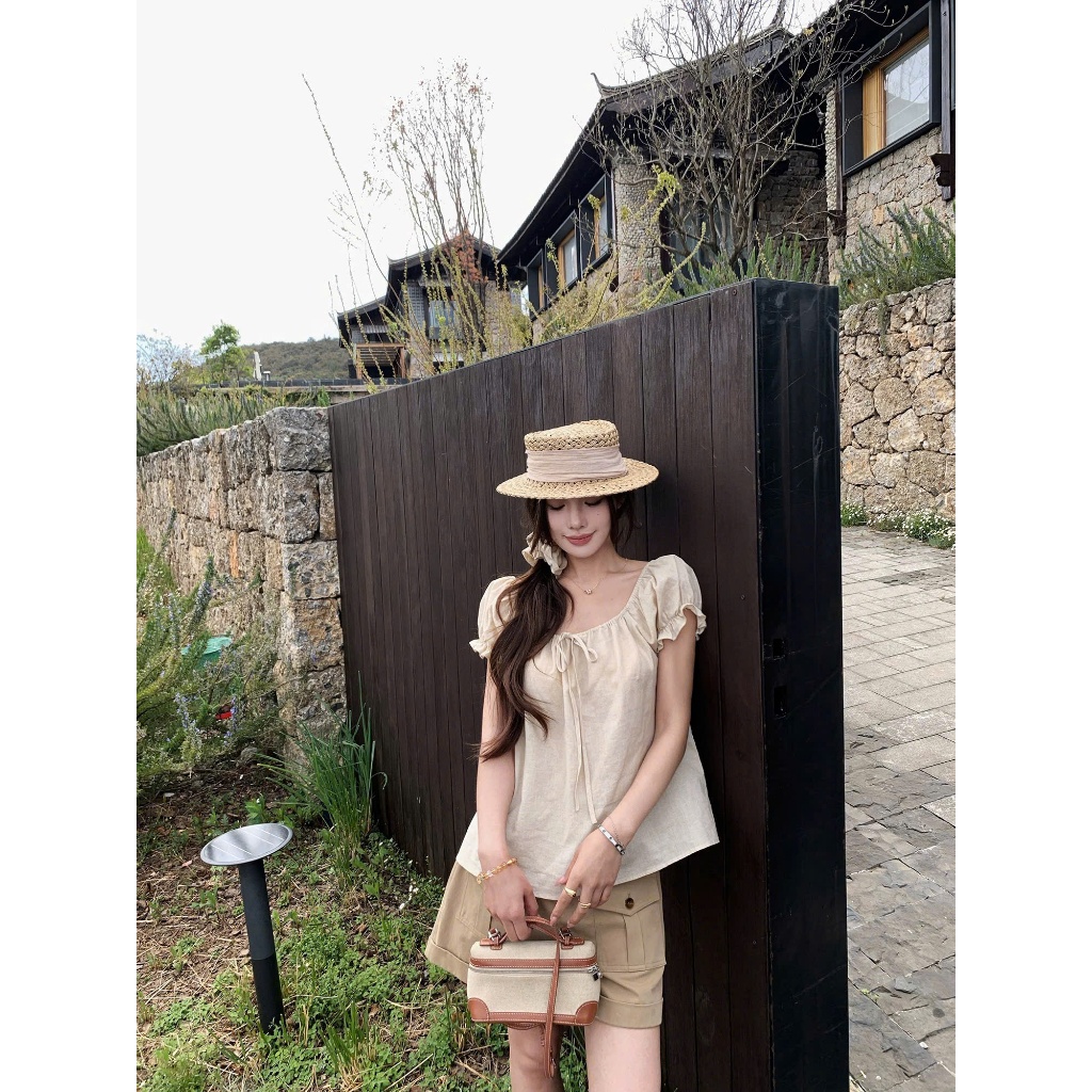 Áo kiểu nữ YUMMY dáng babydoll viền bèo thắt nơ ngực, Áo sơ mi dáng suông rộng tiểu thư Hàn Quốc A44 | BigBuy360 - bigbuy360.vn
