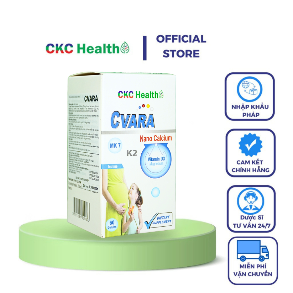 Viên uống Canxi CVARA CKC Health Nhập khẩu PHÁP hộp 60 viên Nano Calcium Carbonate, magnesium, D3,K2