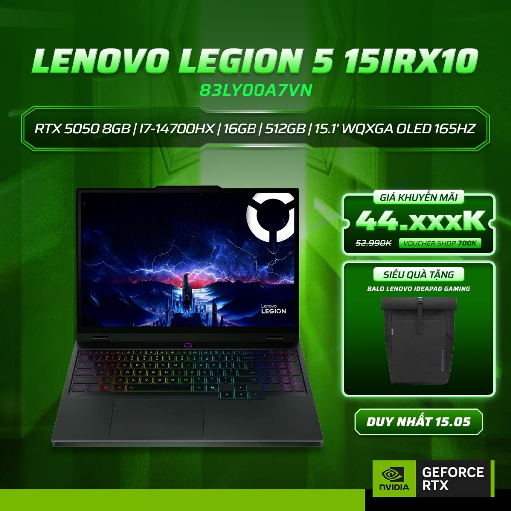 Laptop Lenovo Legion 5 15IRX10 83LY00A7VN GeForce RTX™ 5050 6GB / i7-14700HX / Ram 16GB / SSD 512GB