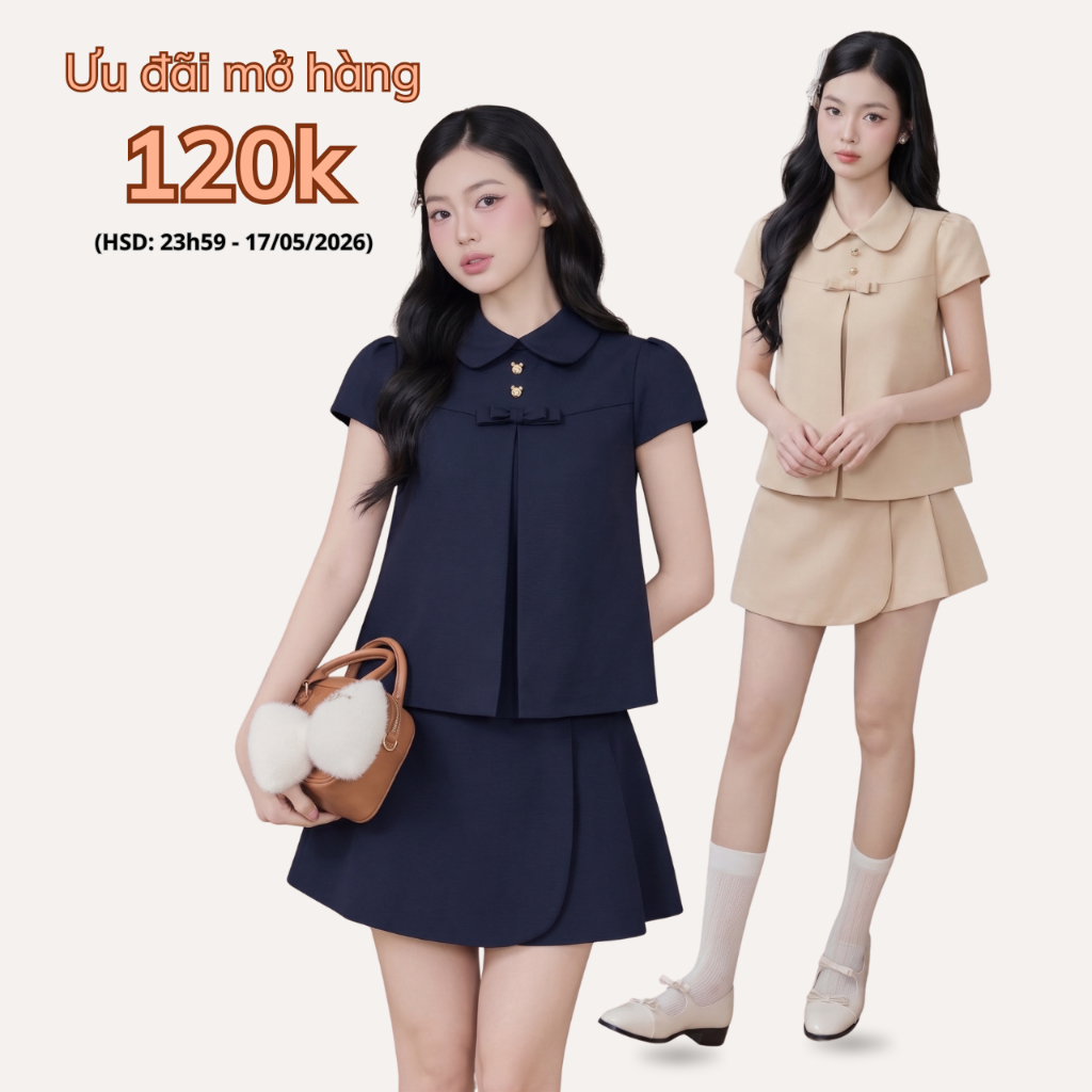 Set đồ nữ cổ sen đính nơ, áo kiểu thiết kế phối quần giả váy Linly Store