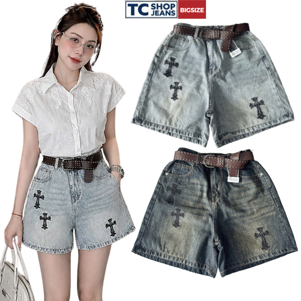 Quần jean ngố nữ lưng chun thêu chữ thập TC SHOP JEANS bigsize 55-90kg chất jean mềm không co giãn M