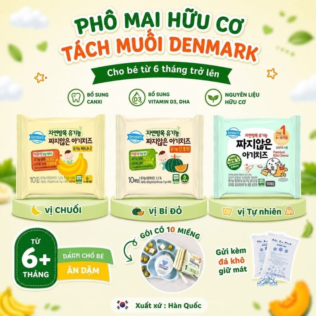 [Date 9/2026] Phô mai tách muối Denmark Hàn Quốc cho bé 6m+