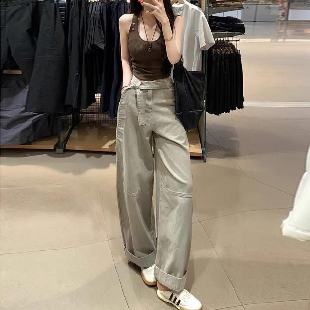 (ORDER) Quần jean ống rộng phối đai dây chất jean mềm dày dặn kèm ảnh thật | BigBuy360 - bigbuy360.vn