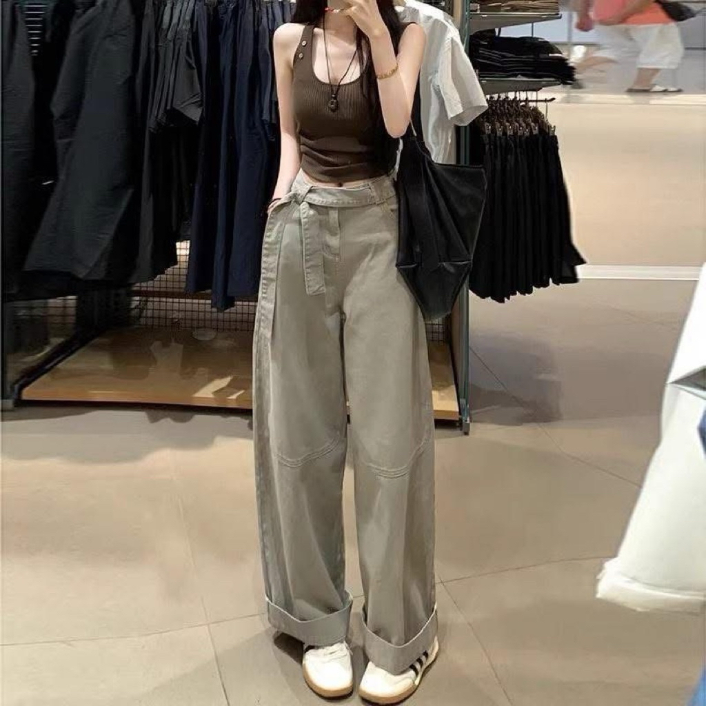 (ORDER) Quần jean ống rộng phối đai dây chất jean mềm dày dặn kèm ảnh thật