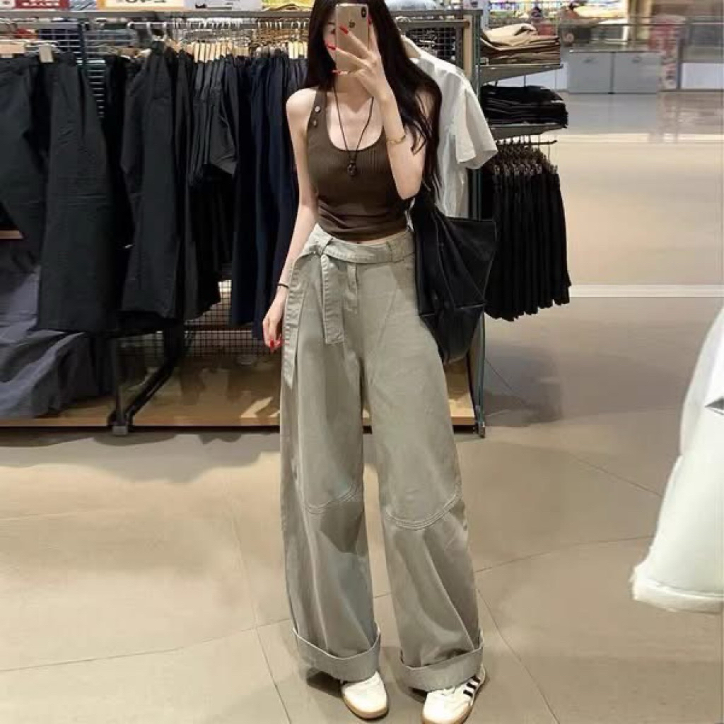 (ORDER) Quần jean ống rộng phối đai dây chất jean mềm dày dặn kèm ảnh thật | BigBuy360 - bigbuy360.vn