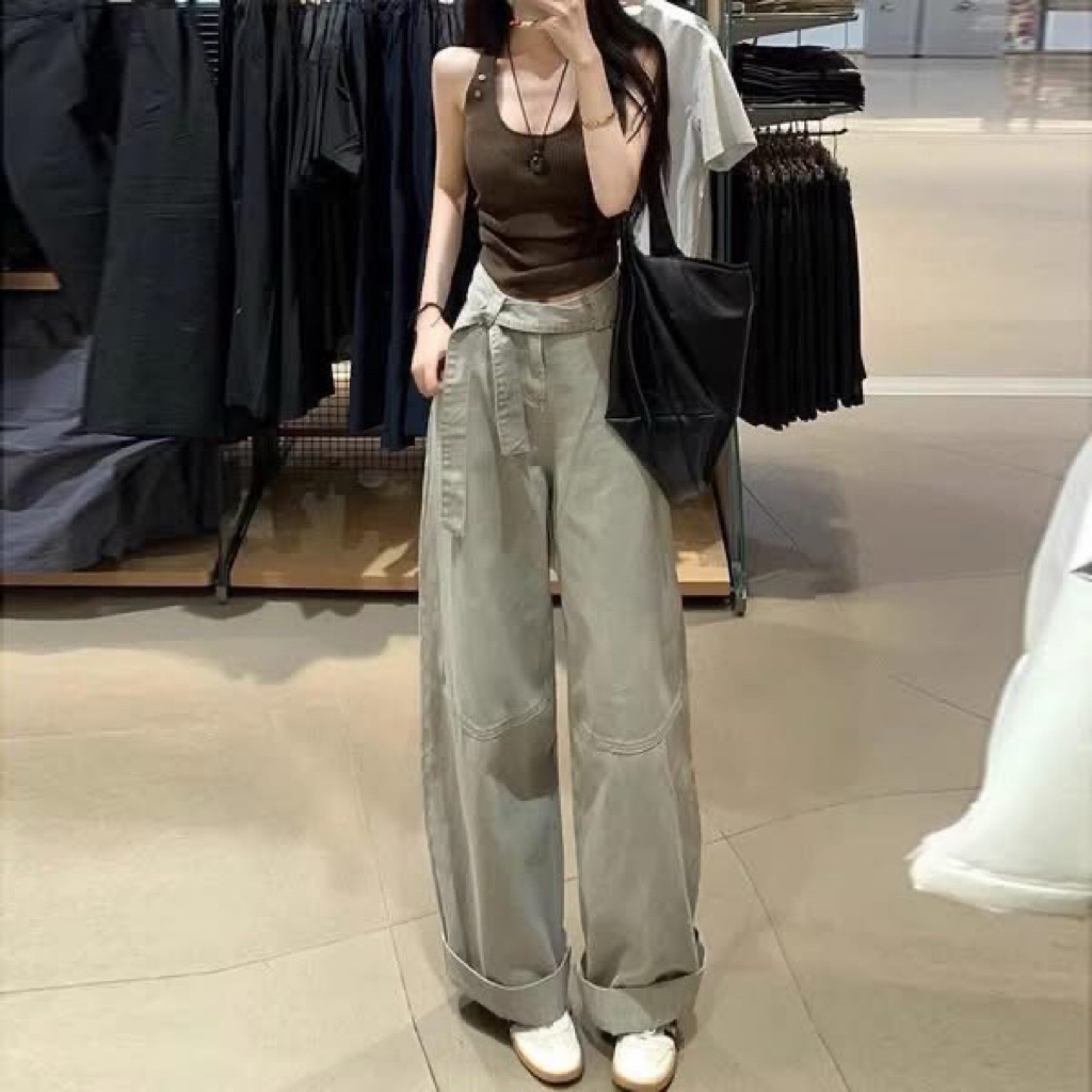 (ORDER) Quần jean ống rộng phối đai dây chất jean mềm dày dặn kèm ảnh thật | BigBuy360 - bigbuy360.vn