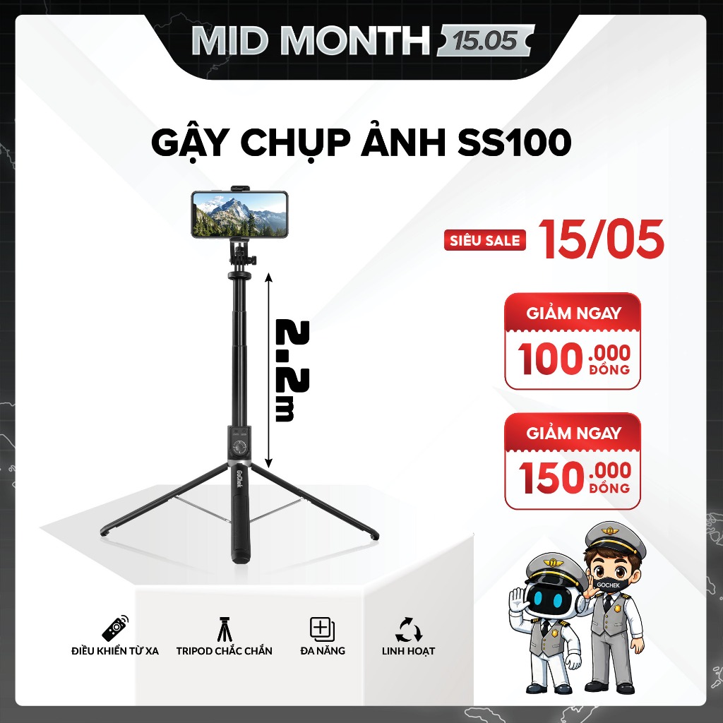 Gậy Chụp Ảnh Tripod GoChek SS100 – Bluetooth, Đa Năng, Kéo Dài 2m2