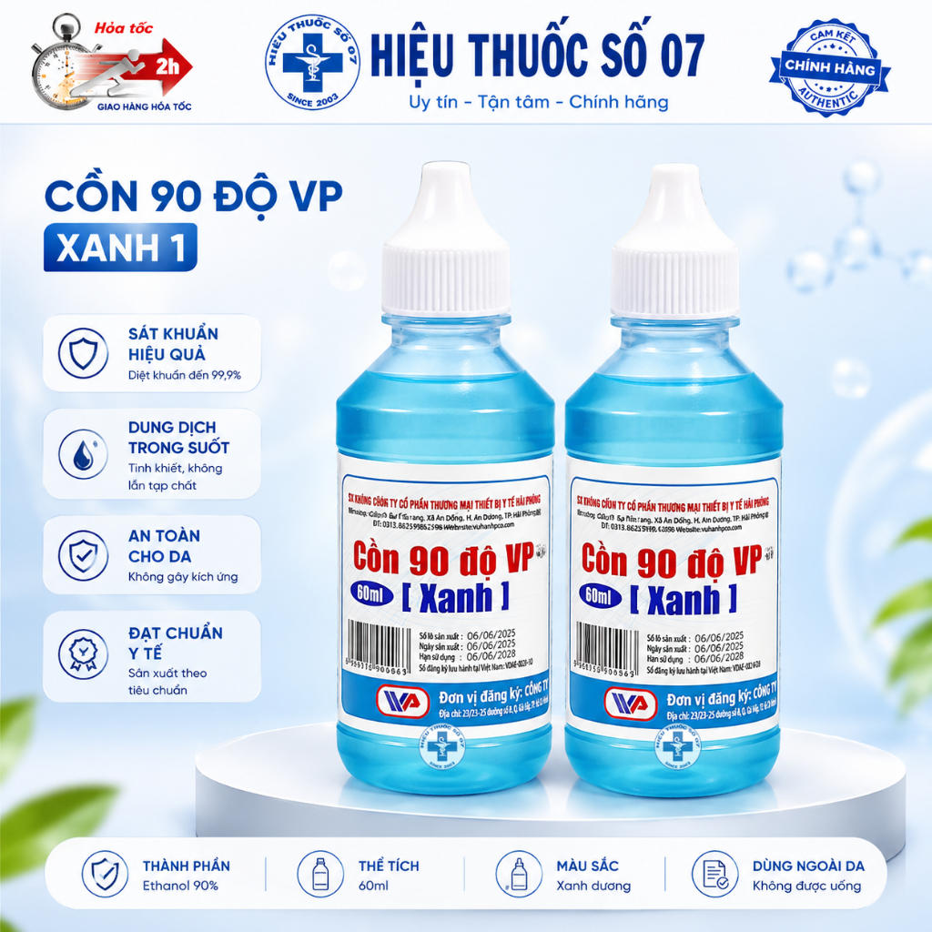 Combo 2 chai cồn 90 độ xanh Vĩnh Phúc 60ml Sát Khuẩn, Tiệt Trùng, Khử Mùi | Giá Tốt, Uy Tín