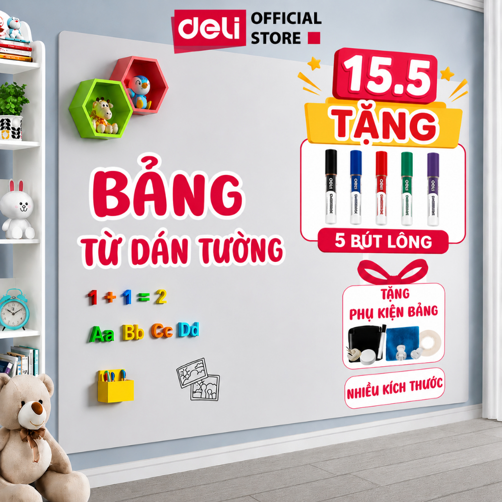 [🔥VOUCHER 50K-TẶNG 5 BÚT LÔNG] Bảng Từ Trắng Dán Tường Deli - Hút Nam Châm Bút Lông Nhiều Kích Thước