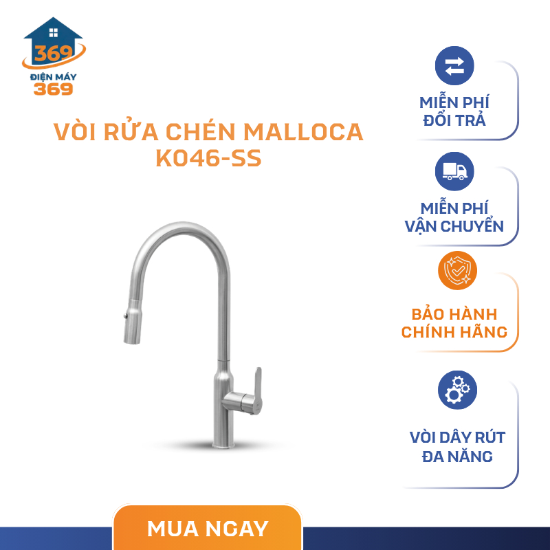 Vòi Rửa Chén Malloca K046-SS - Chất liệu Inox 304 cao cấp - Thiết Kế Dây Rút Tiện Lợi - SMC