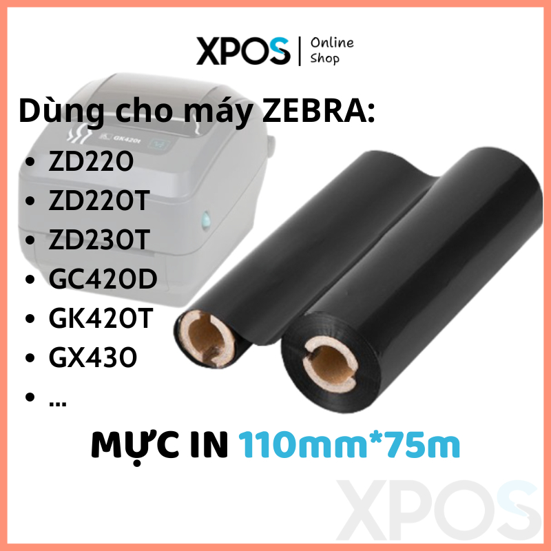 Mực máy in tem ZEBRA GK420t GC420t ZD220t ZD230t – Cuộn mực in mã vạch 110x75m