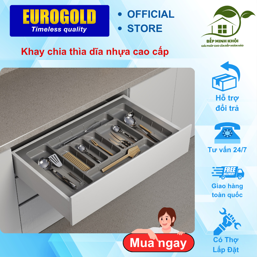 Khay chia thìa đũa chất liệu nhựa màu xám EUROGOLD, khay để dao, đũa thìa nhiều kích thước
